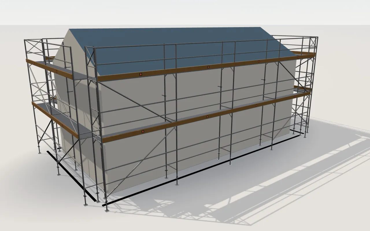 ALTRAD MAG 42 scaffolding around a house of 11.4 × 5.3 m with a gabled roof (eaves 4.5 m, ridge 6 m), drawn by the ScaFix 3D model