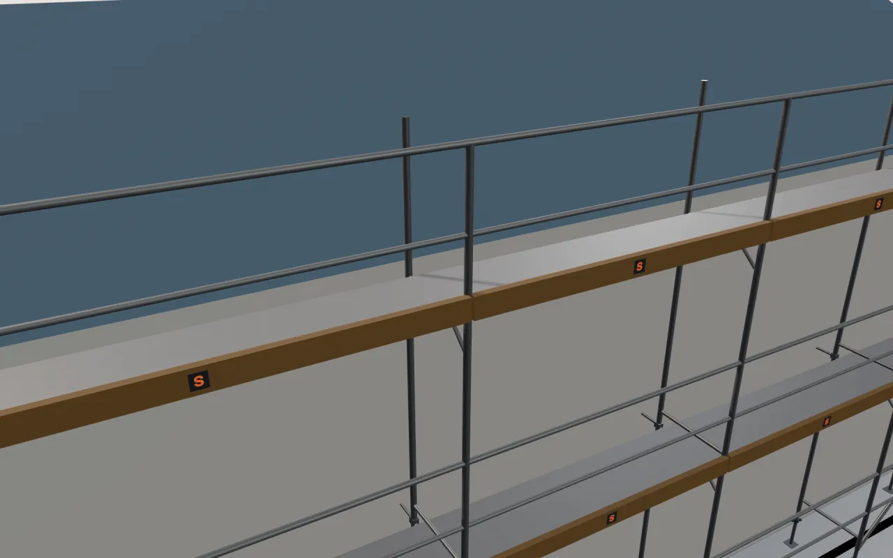 Nærbilde av øverste Aluhak Fasade-etasje under takfoten, med rekkverk og fotlister, i ScaFix sin 3D-modell