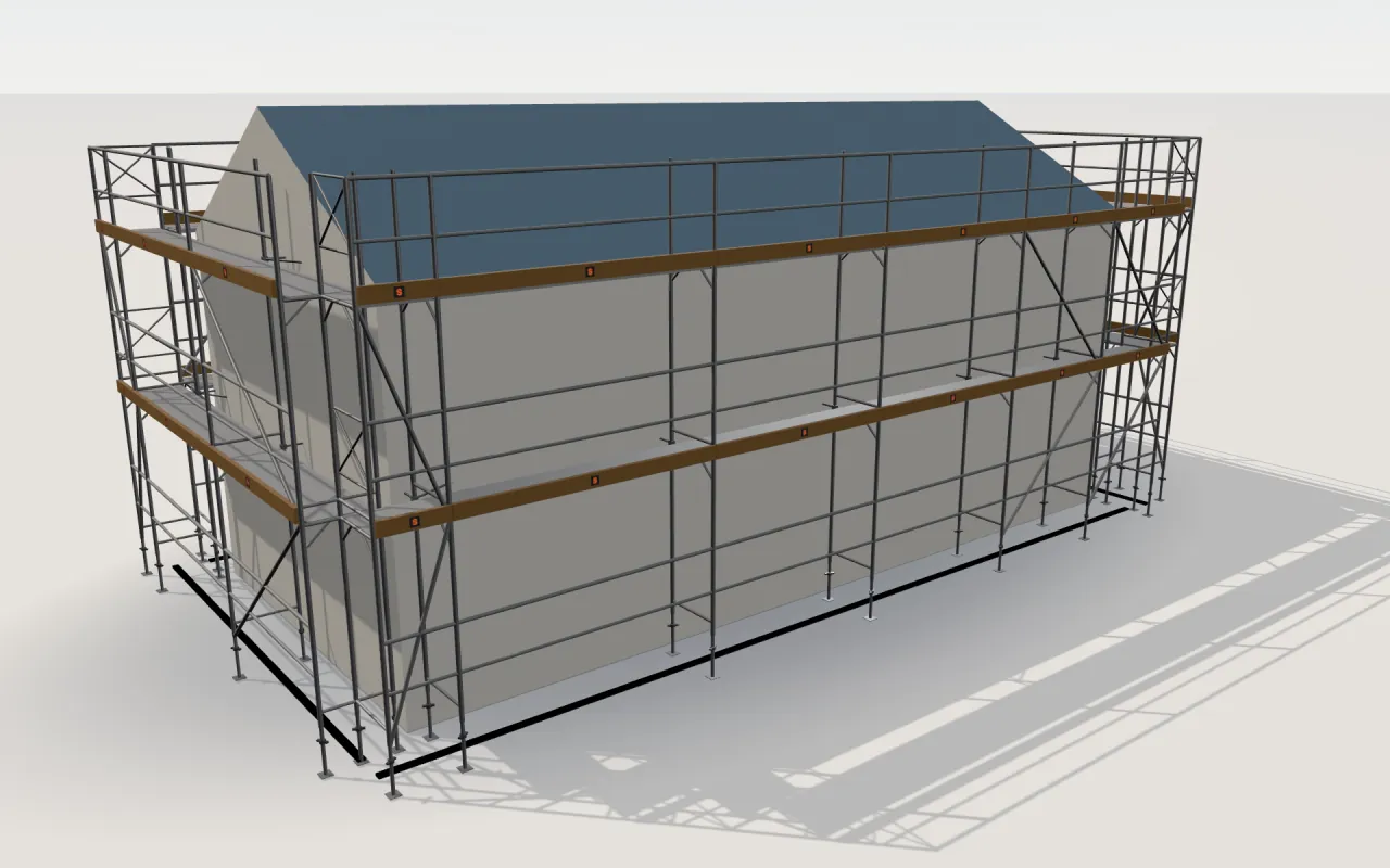 Aluhak Fasade-stillas rundt et hus på 11,4 × 5,3 m med saltak (gesims 4,5 m, møne 6 m), tegnet av ScaFix sin 3D-modell