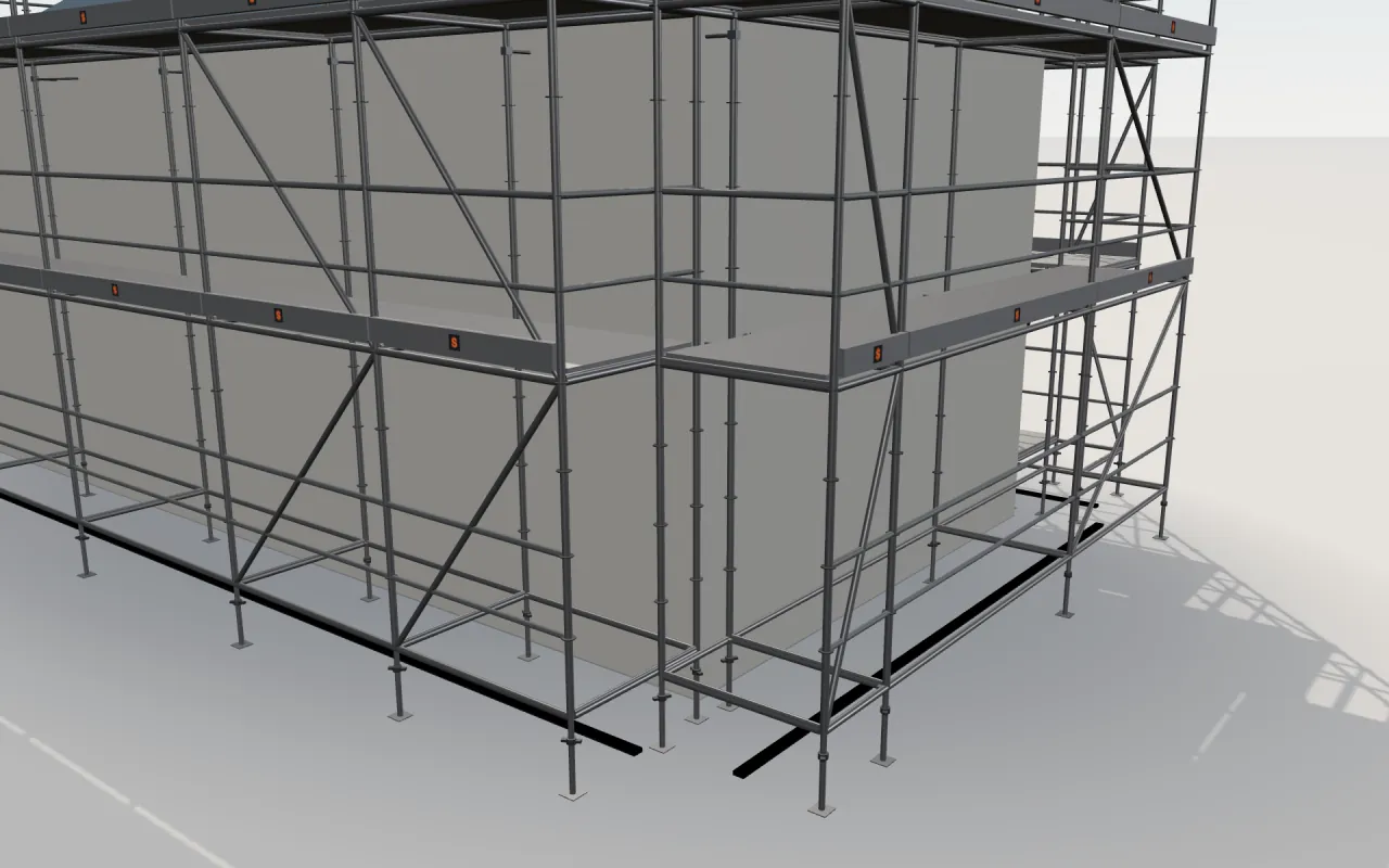 Nærbillede af hjørnet, hvor langvæggen og gavlvæggen mødes, med Aluhak Modul-spir, dæk, rækværk og fodlister i ScaFix' 3D-model