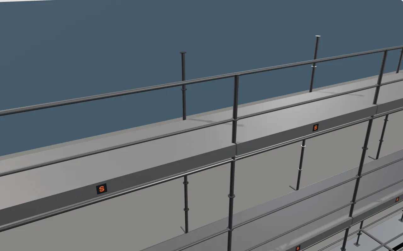 Nærbillede af den øverste Aluhak Modul-etage under tagfoden, med rækværk og fodlister, i ScaFix' 3D-model