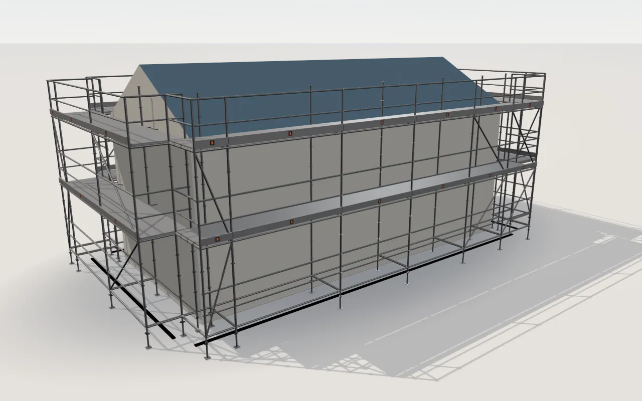 Aluhak Modul-stillads rundt om et hus på 11,4 × 5,3 m med sadeltag (tagfod 4,5 m, kip 6 m), tegnet af ScaFix' 3D-model