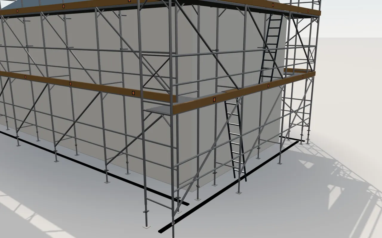 Close-up of the corner where the long wall and the gable wall meet, with ANKA H-Tipi Cephe standards, decks, guardrails and toe boards in the ScaFix 3D model