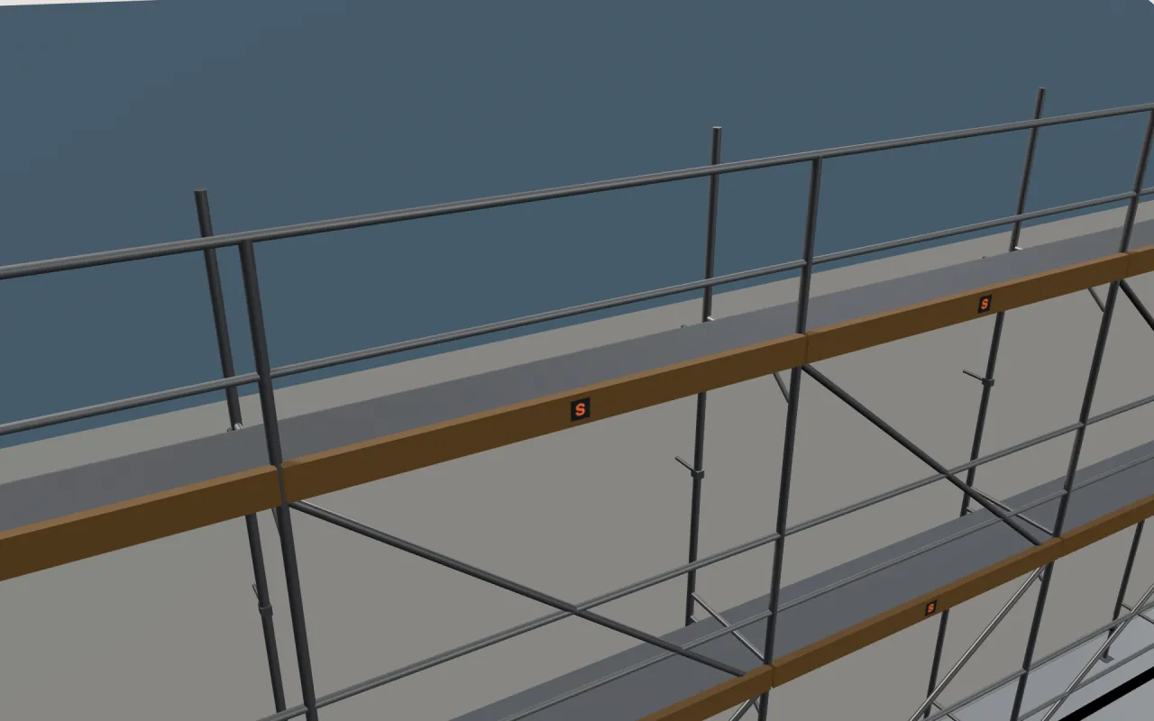 Close-up of the top ANKA H-Tipi Cephe lift below the eaves, with guardrails and toe boards, in the ScaFix 3D model