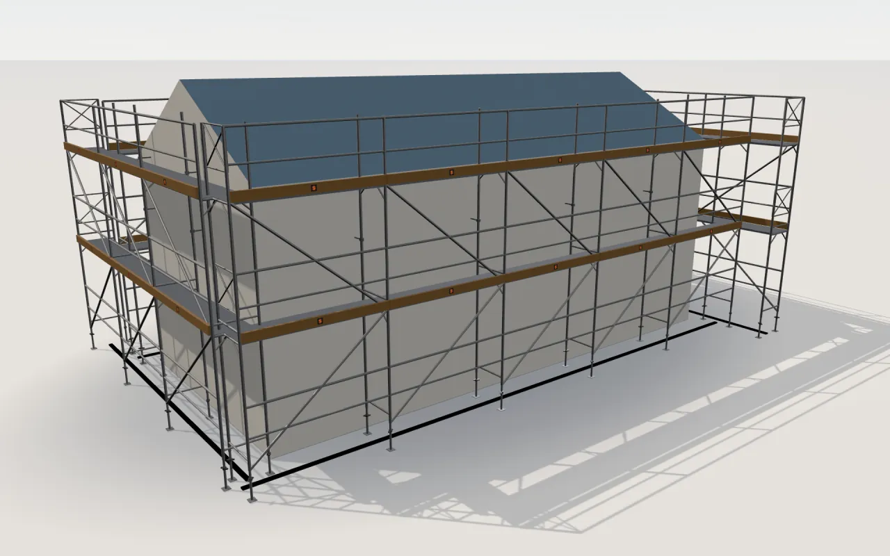ANKA H-Tipi Cephe scaffolding around a house of 11.4 × 5.3 m with a gabled roof (eaves 4.5 m, ridge 6 m), drawn by the ScaFix 3D model
