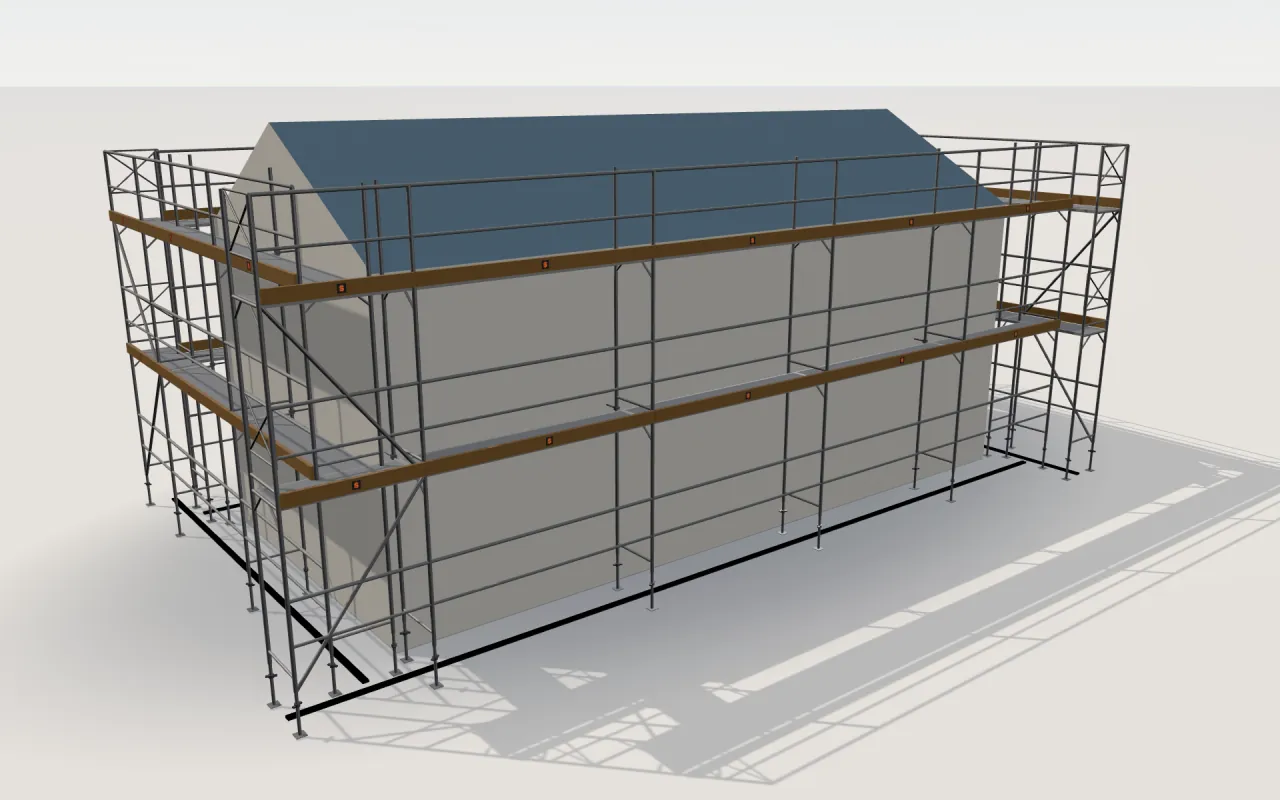 ASSCO QUADRO 70 scaffolding around a house of 11.4 × 5.3 m with a gabled roof (eaves 4.5 m, ridge 6 m), drawn by the ScaFix 3D model