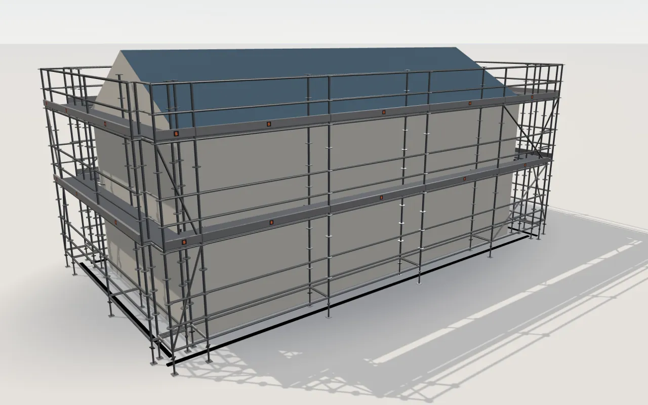 AT-PAC Ringlock scaffolding around a house of 11.4 × 5.3 m with a gabled roof (eaves 4.5 m, ridge 6 m), drawn by the ScaFix 3D model