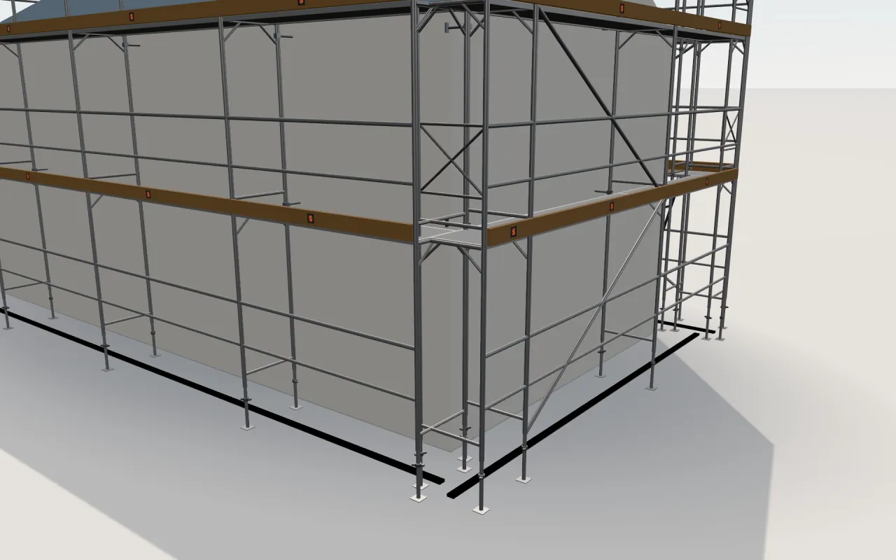 Close-up of the corner where the long wall and the gable wall meet, with Baumann ProfiTech A 73 plus standards, decks, guardrails and toe boards in the ScaFix 3D model