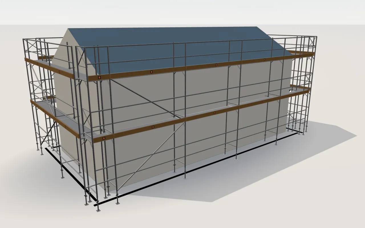 Baumann ProfiTech A 73 plus scaffolding around a house of 11.4 × 5.3 m with a gabled roof (eaves 4.5 m, ridge 6 m), drawn by the ScaFix 3D model