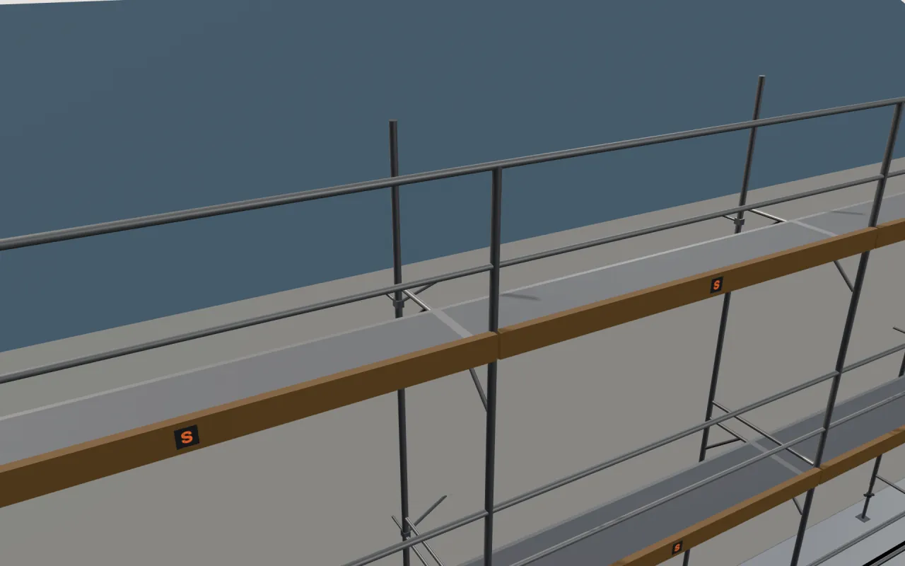Zbliżenie najwyższego poziomu Baumann PROFITECH S 109 pod okapem, z poręczami i krawężnikami, w modelu 3D ScaFix