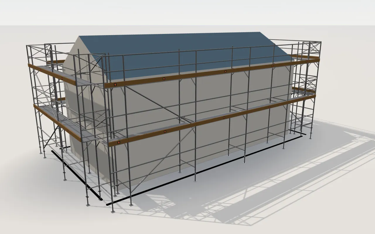 Rusztowanie Baumann PROFITECH S 109 wokół domu 11,4 × 5,3 m z dachem dwuspadowym (okap 4,5 m, kalenica 6 m), narysowane przez model 3D ScaFix