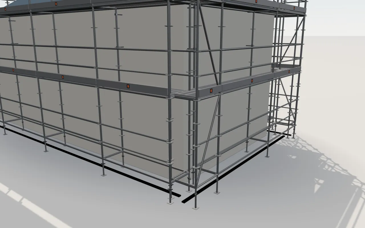 Close-up of the corner where the long wall and the gable wall meet, with Bil-Jax Ring Lock standards, decks, guardrails and toe boards in the ScaFix 3D model
