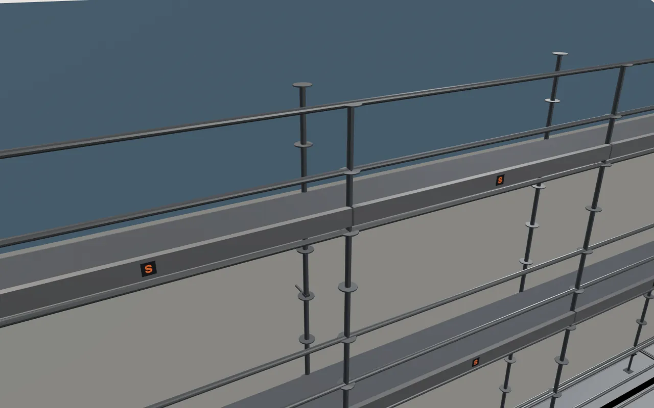 Close-up of the top Bil-Jax Ring Lock lift below the eaves, with guardrails and toe boards, in the ScaFix 3D model