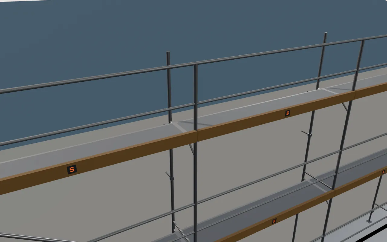 Close-up of the top Layher Blitz 70 Alu lift below the eaves, with guardrails and toe boards, in the ScaFix 3D model