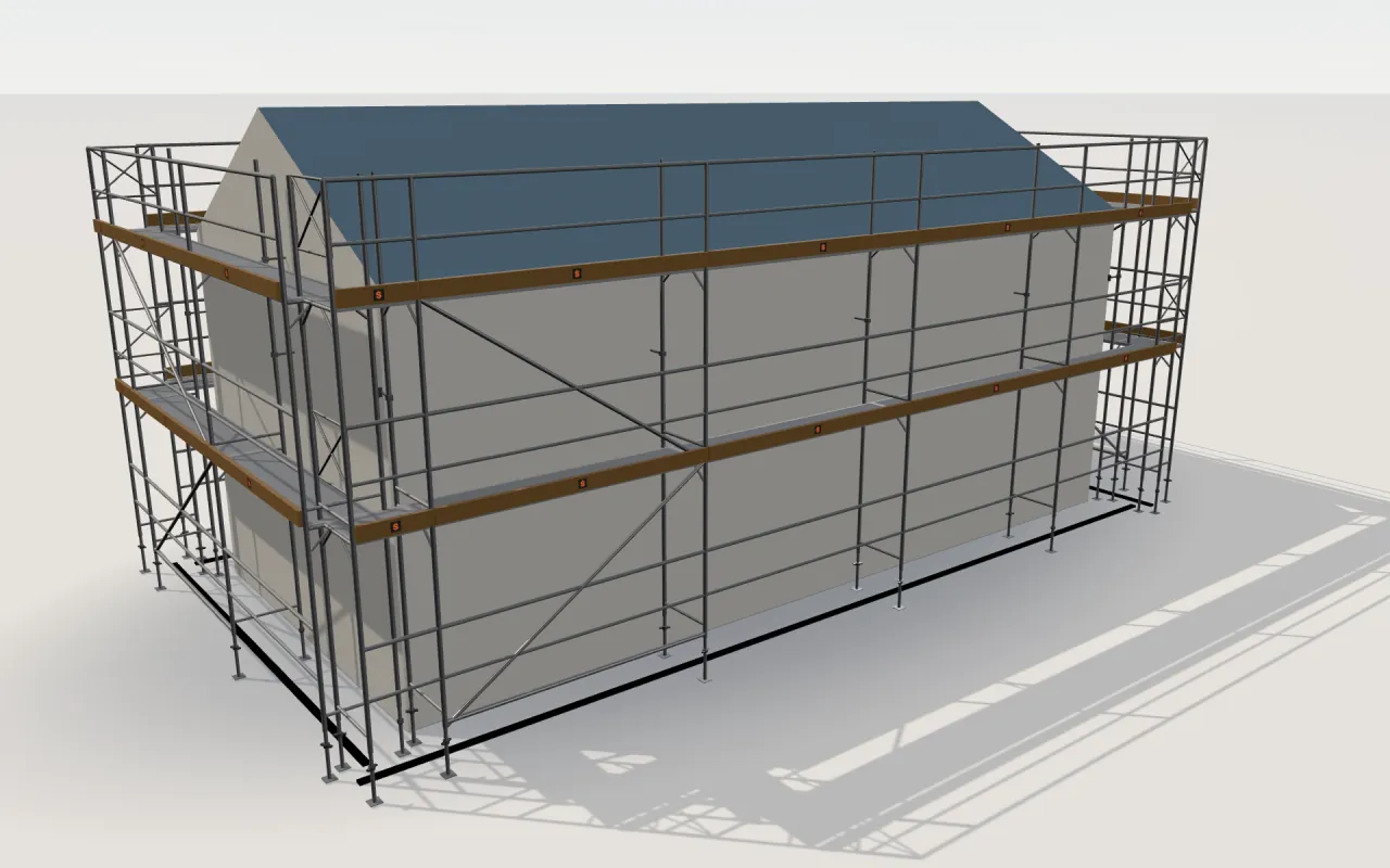 Layher Blitz 70 Alu scaffolding around a house of 11.4 × 5.3 m with a gabled roof (eaves 4.5 m, ridge 6 m), drawn by the ScaFix 3D model
