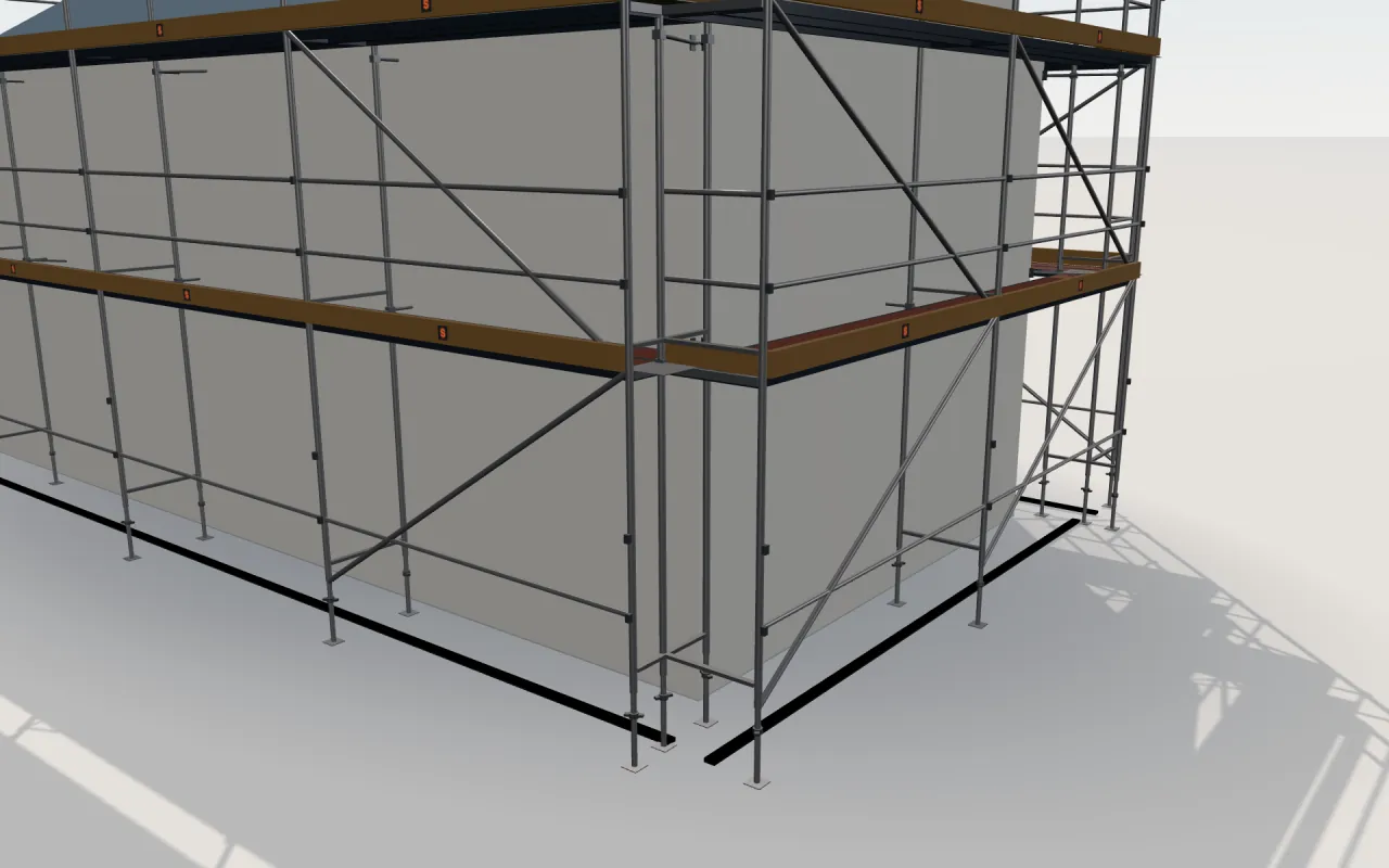 Nahaufnahme der Ecke, an der Längswand und Giebelwand zusammentreffen, mit Layher Blitz-Stielen, Belägen, Geländern und Bordbrettern im 3D-Modell von ScaFix