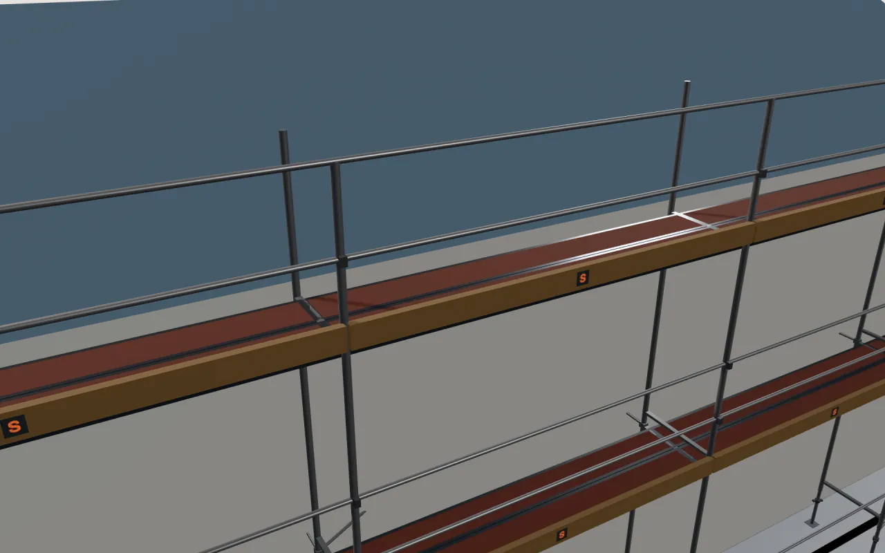 Nahaufnahme der obersten Layher Blitz-Lage unter der Traufe, mit Geländern und Bordbrettern, im 3D-Modell von ScaFix