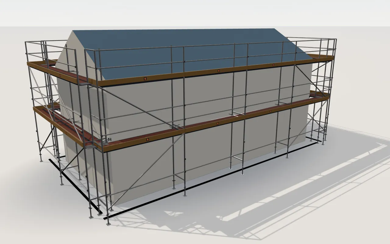 Layher Blitz-Gerüst um ein Haus mit 11,4 × 5,3 m und Satteldach (Traufe 4,5 m, First 6 m), gezeichnet vom 3D-Modell von ScaFix