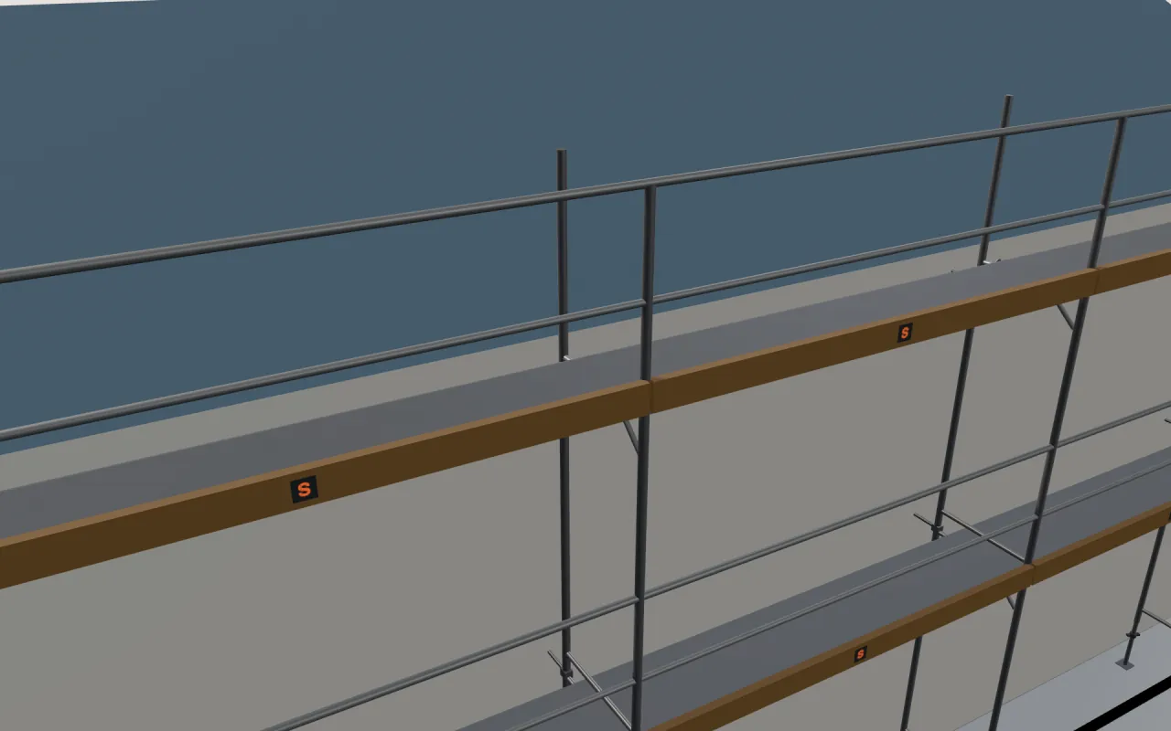 Nahaufnahme der obersten Hünnebeck BOSTA 70/100-Lage unter der Traufe, mit Geländern und Bordbrettern, im 3D-Modell von ScaFix