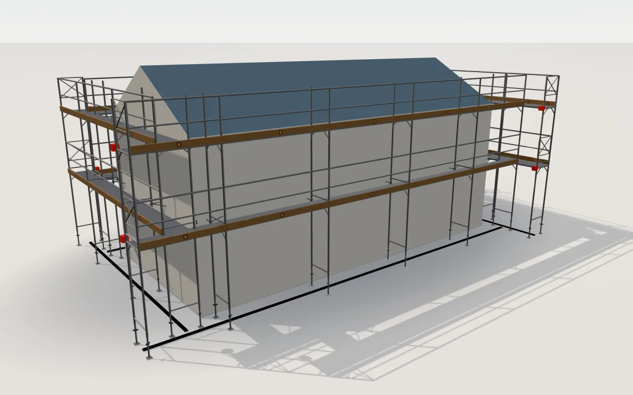 Hünnebeck BOSTA 70/100-Gerüst um ein Haus mit 11,4 × 5,3 m und Satteldach (Traufe 4,5 m, First 6 m), gezeichnet vom 3D-Modell von ScaFix