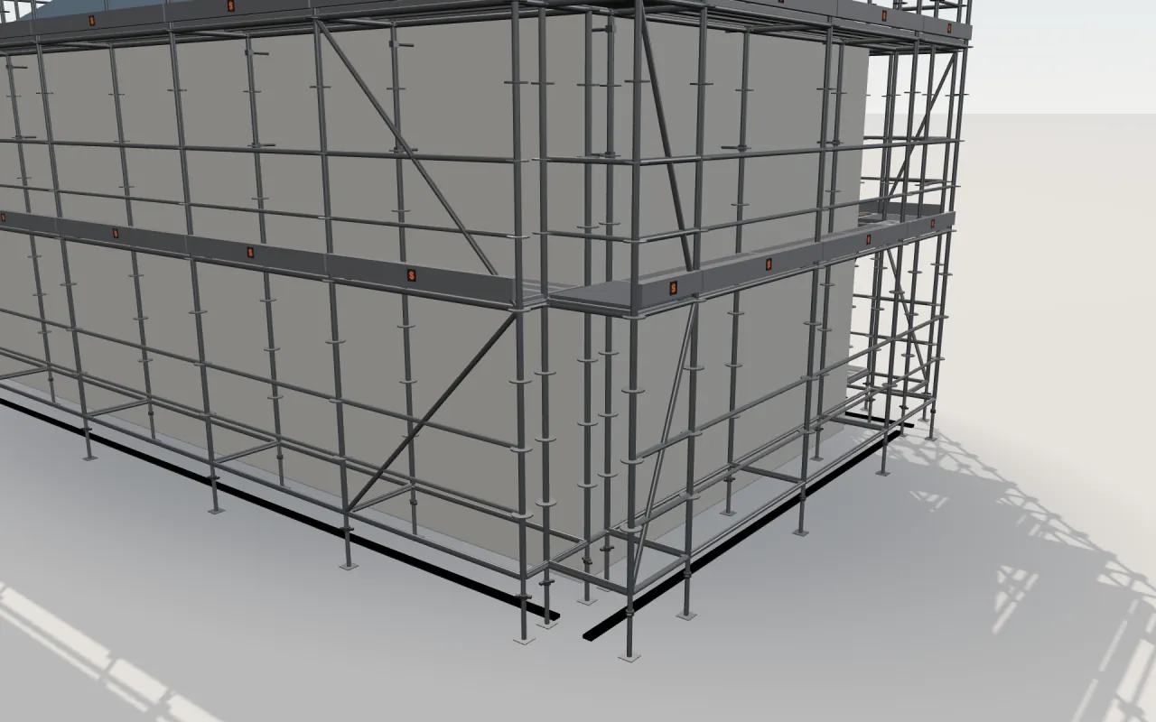 Close-up of the corner where the long wall and the gable wall meet, with CETA Multiceta standards, decks, guardrails and toe boards in the ScaFix 3D model