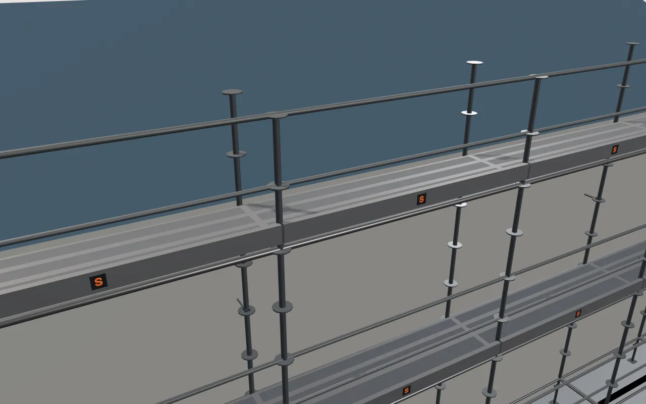 Close-up of the top CETA Multiceta lift below the eaves, with guardrails and toe boards, in the ScaFix 3D model