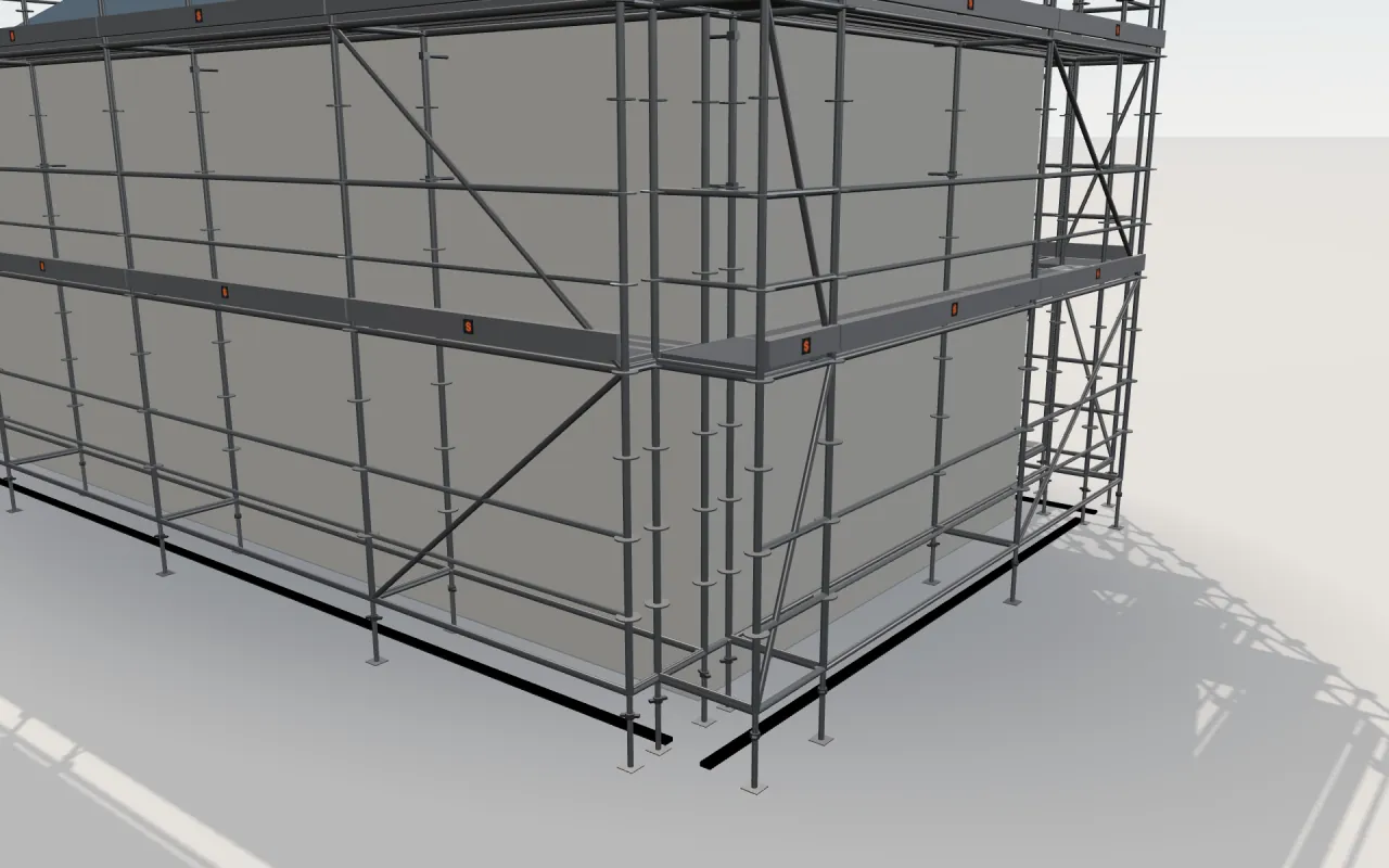 Close-up of the corner where the long wall and the gable wall meet, with Condor MULTICOM standards, decks, guardrails and toe boards in the ScaFix 3D model