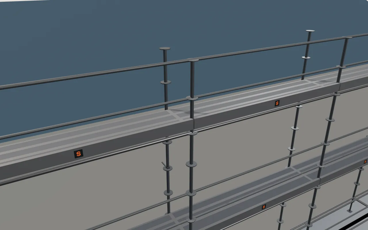 Close-up of the top Condor MULTICOM lift below the eaves, with guardrails and toe boards, in the ScaFix 3D model