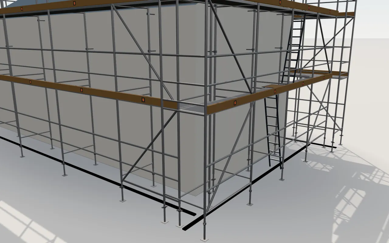 Close-up of the corner where the long wall and the gable wall meet, with Condor TP105 standards, decks, guardrails and toe boards in the ScaFix 3D model