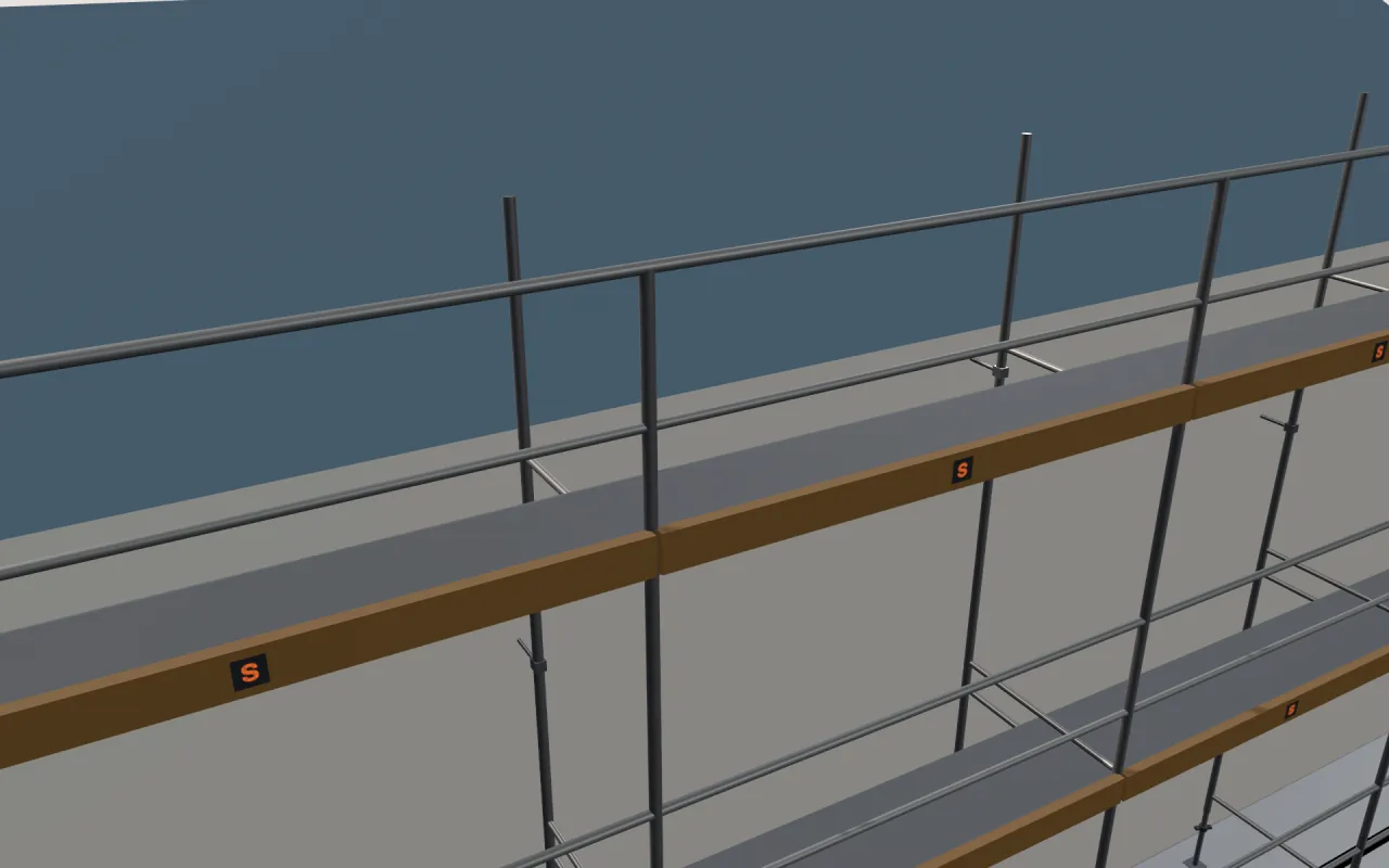 Close-up of the top Condor TP105 lift below the eaves, with guardrails and toe boards, in the ScaFix 3D model