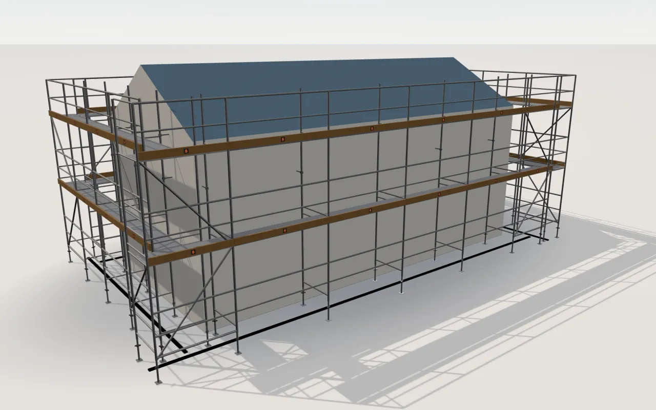 Condor TP105 scaffolding around a house of 11.4 × 5.3 m with a gabled roof (eaves 4.5 m, ridge 6 m), drawn by the ScaFix 3D model