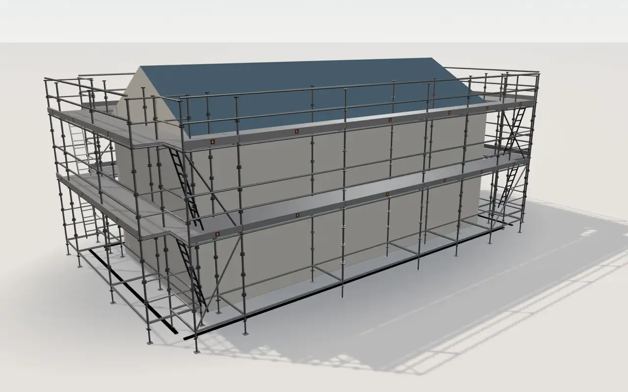 Cuplock scaffolding around a house of 11.4 × 5.3 m with a gabled roof (eaves 4.5 m, ridge 6 m), in the ScaFix 3D model