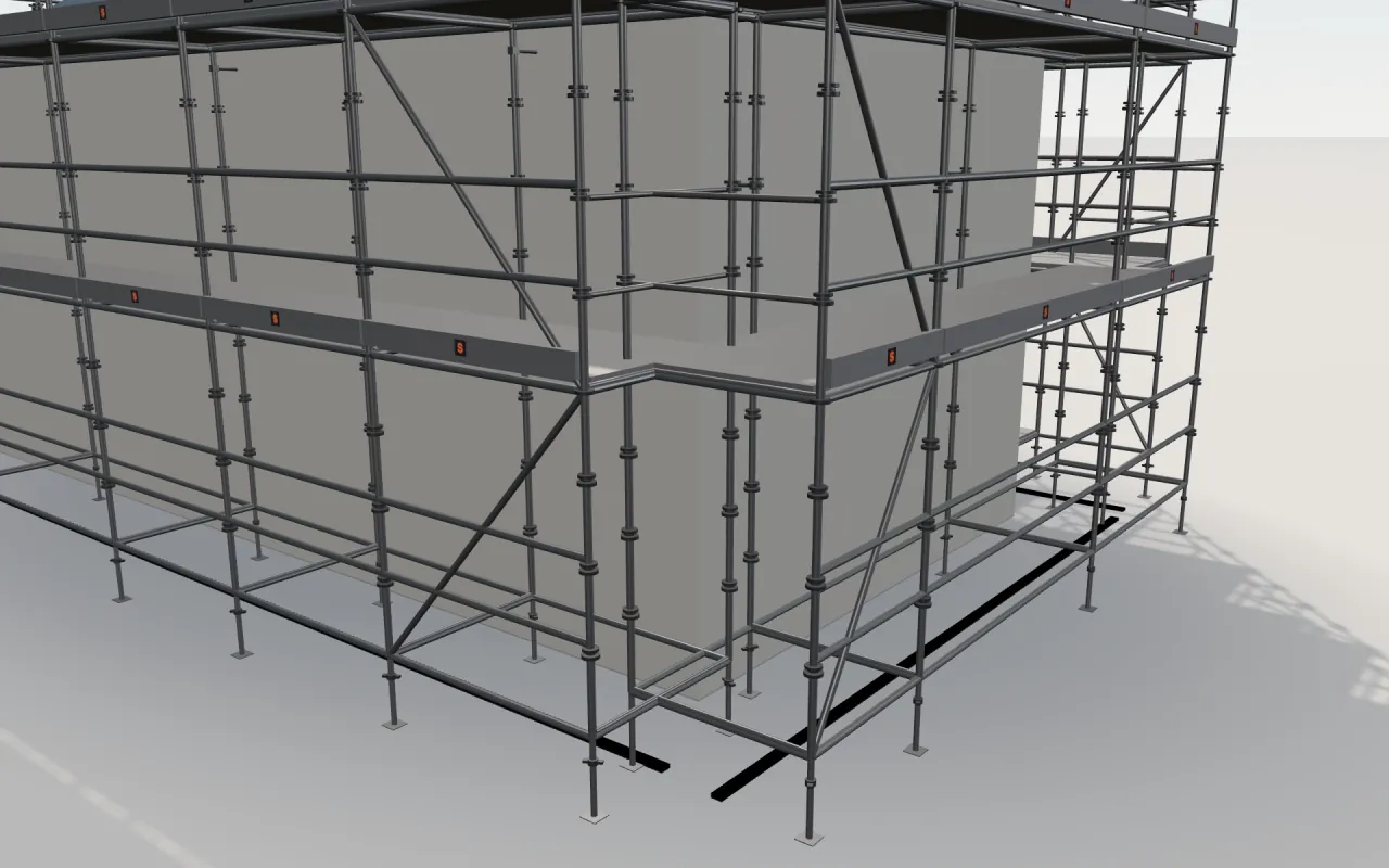 Close-up of the corner where the long wall and the gable wall meet, with Cuplock standards, decks, guardrails and toe boards in the ScaFix 3D model