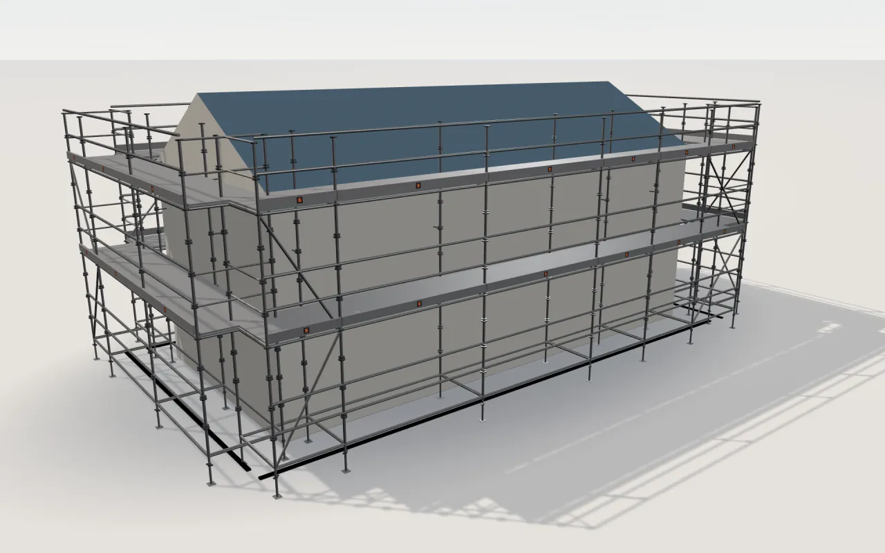 Cuplock scaffolding around a house of 11.4 × 5.3 m with a gabled roof (eaves 4.5 m, ridge 6 m), drawn by the ScaFix 3D model