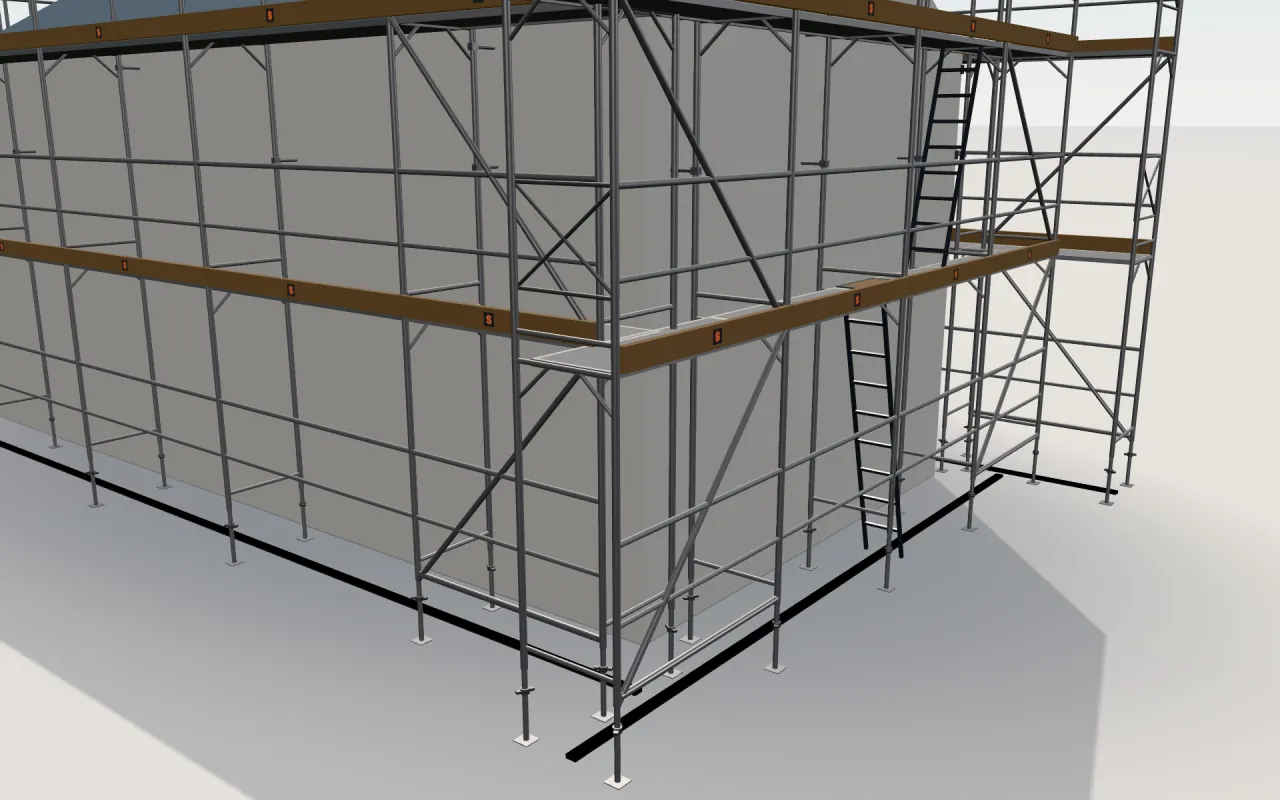 Close-up of the corner where the long wall and the gable wall meet, with Marcegaglia Realpont (Ponteggi Dalmine) standards, decks, guardrails and toe boards in the ScaFix 3D model