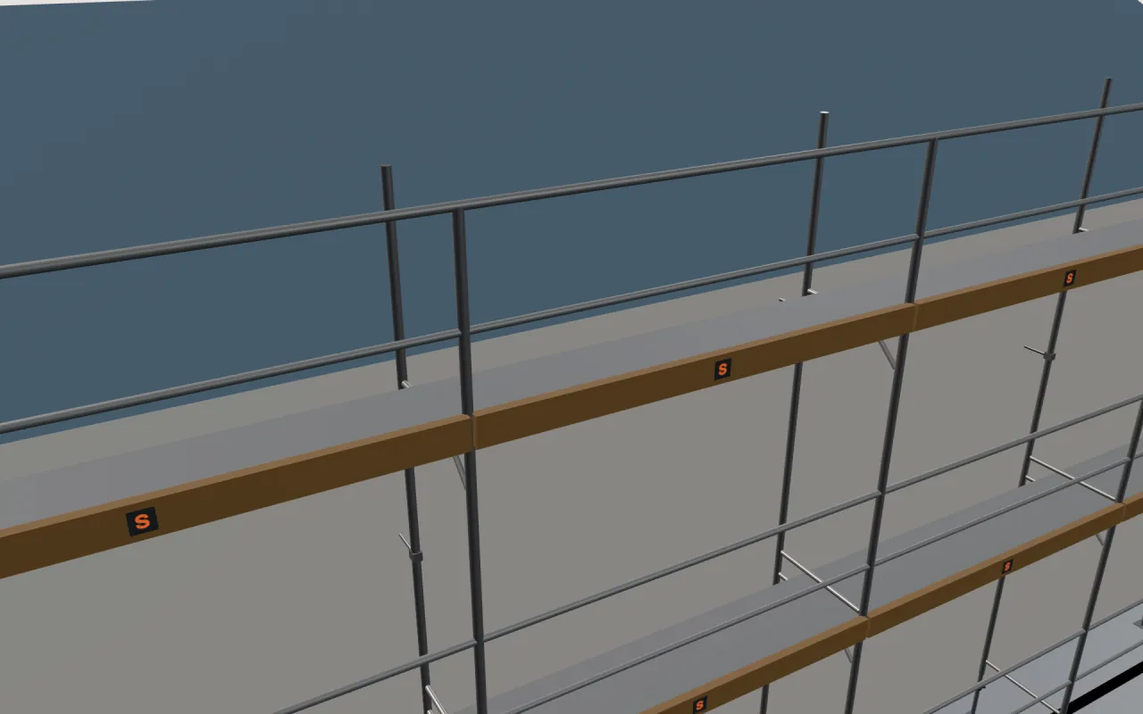 Close-up of the top Marcegaglia Realpont (Ponteggi Dalmine) lift below the eaves, with guardrails and toe boards, in the ScaFix 3D model
