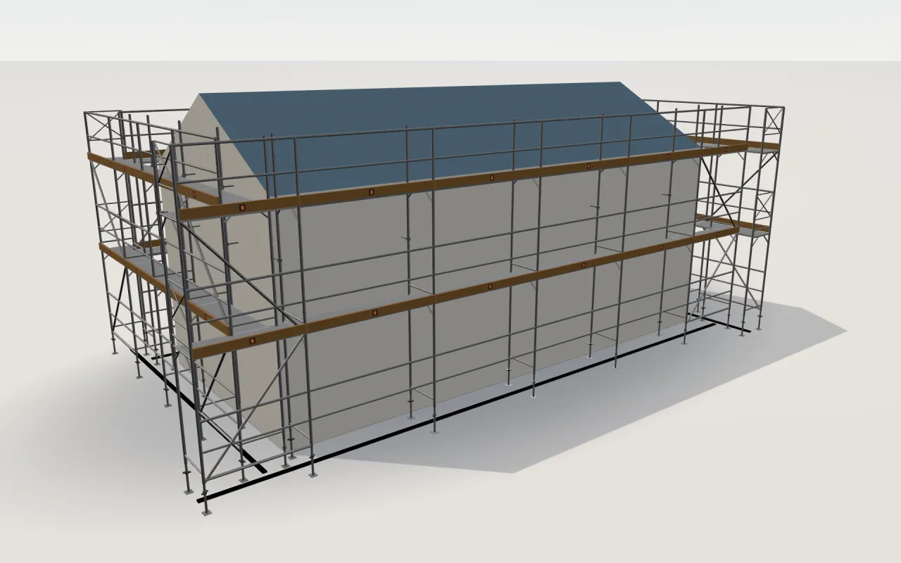 Marcegaglia Realpont (Ponteggi Dalmine) scaffolding around a house of 11.4 × 5.3 m with a gabled roof (eaves 4.5 m, ridge 6 m), drawn by the ScaFix 3D model