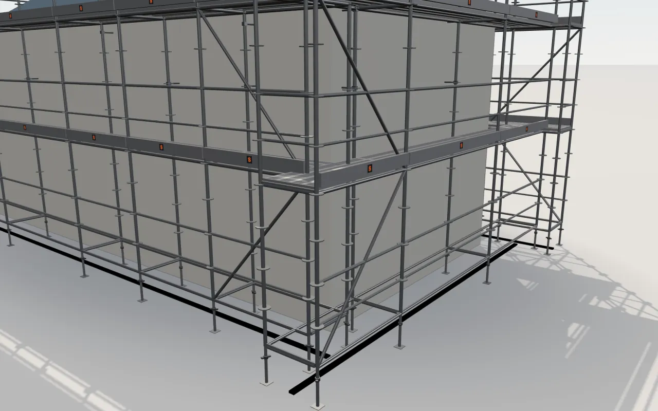 Close-up of the corner where the long wall and the gable wall meet, with Marcegaglia SM8 (Ponteggi Dalmine) standards, decks, guardrails and toe boards in the ScaFix 3D model