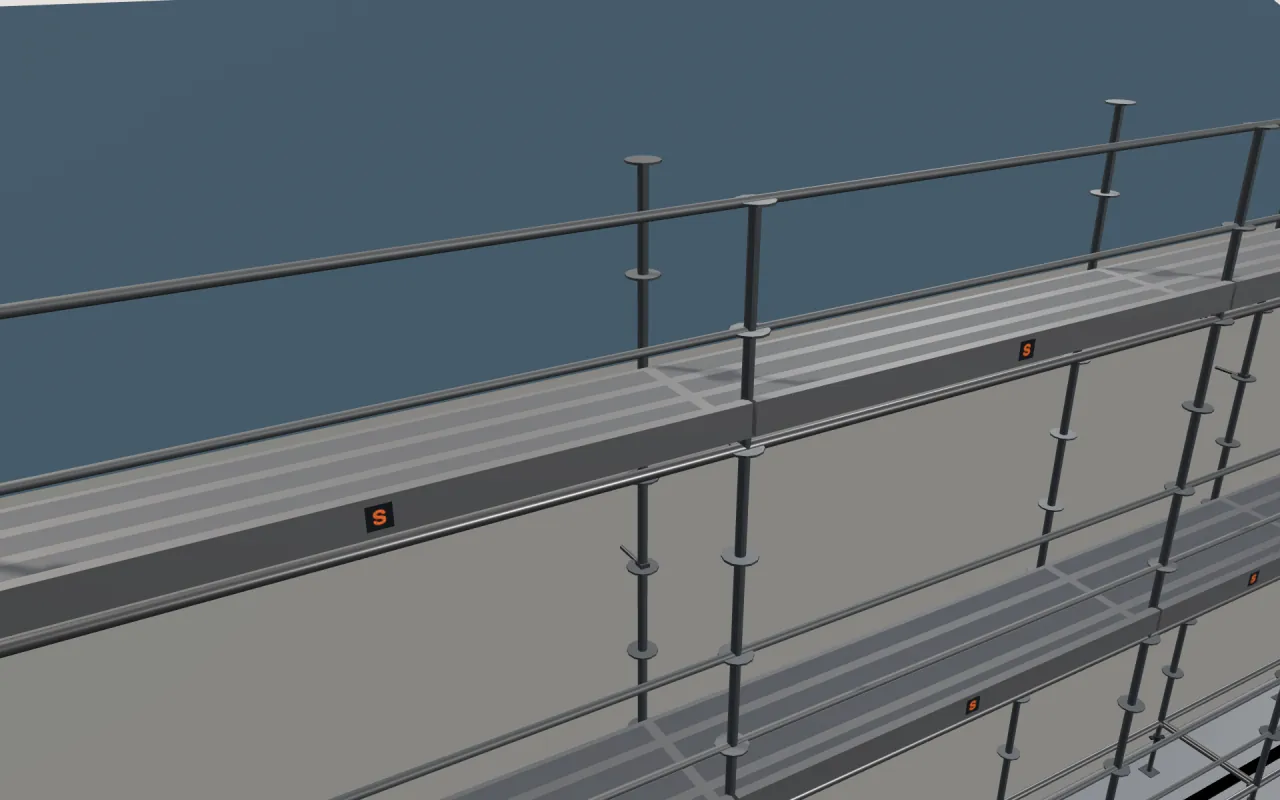 Close-up of the top Marcegaglia SM8 (Ponteggi Dalmine) lift below the eaves, with guardrails and toe boards, in the ScaFix 3D model