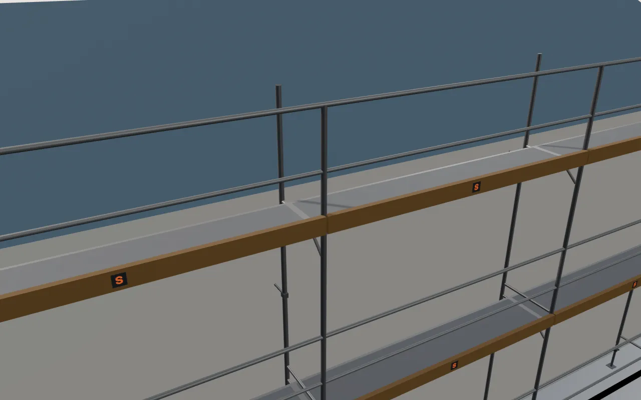 Close-up of the top DELTA 73 lift below the eaves, with guardrails and toe boards, in the ScaFix 3D model