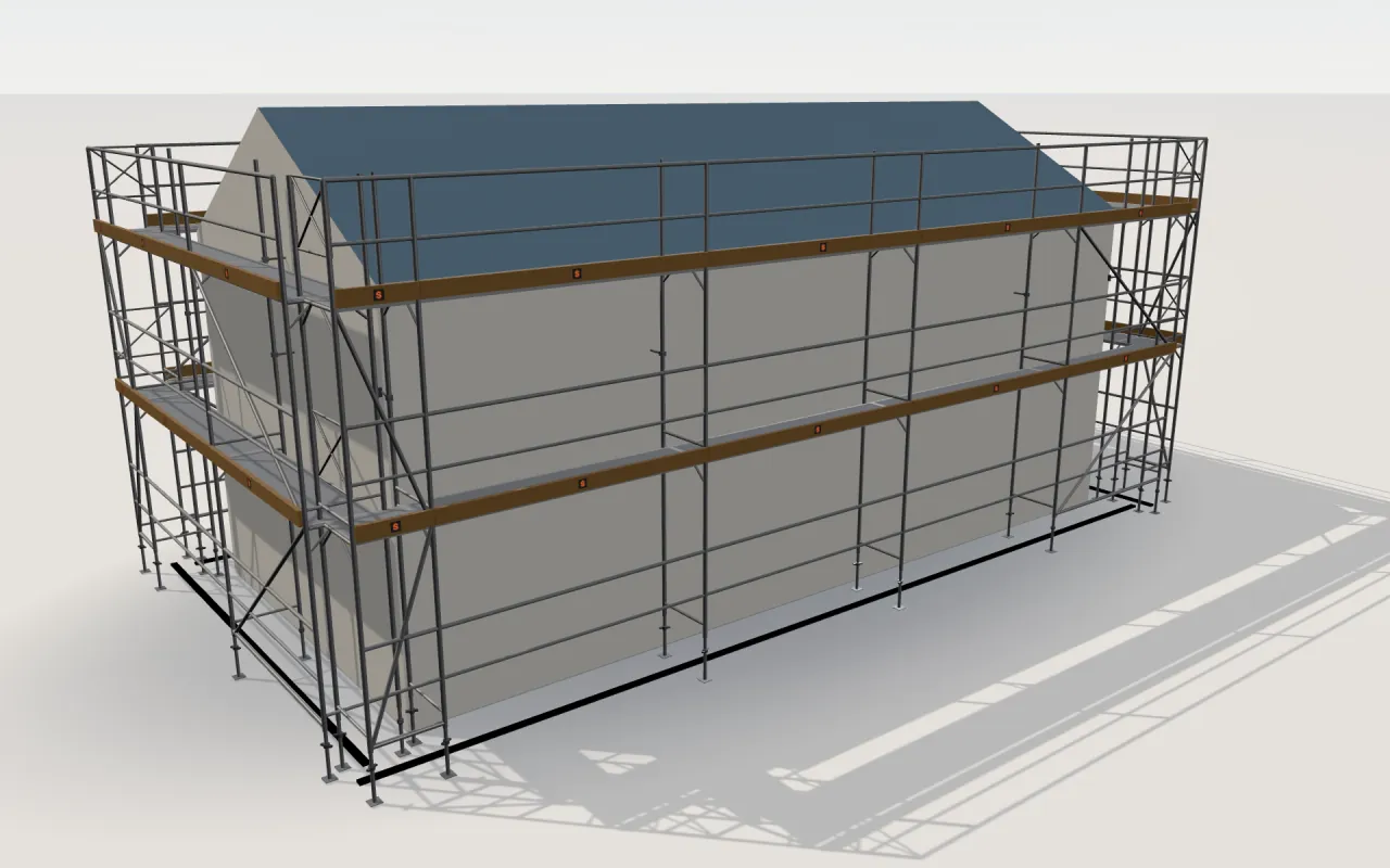 DELTA 73 scaffolding around a house of 11.4 × 5.3 m with a gabled roof (eaves 4.5 m, ridge 6 m), drawn by the ScaFix 3D model