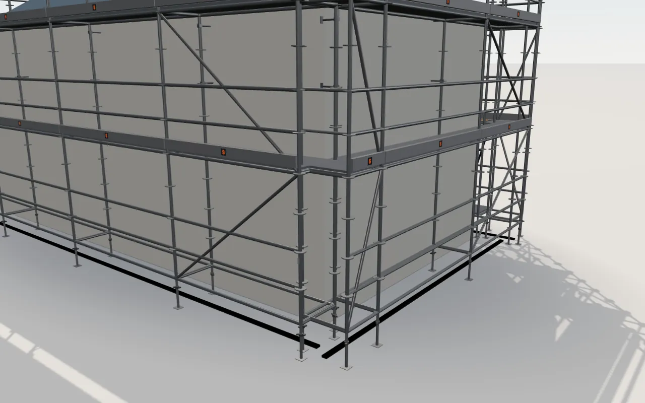 Close-up of the corner where the long wall and the gable wall meet, with DELTA MODUŁ standards, decks, guardrails and toe boards in the ScaFix 3D model