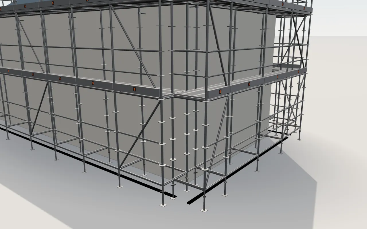 Close-up of the corner where the long wall and the gable wall meet, with Disk-lock Type B (China) standards, decks, guardrails and toe boards in the ScaFix 3D model