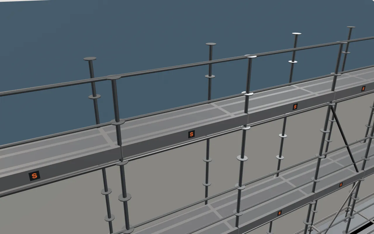 Close-up of the top Disk-lock Type B (China) lift below the eaves, with guardrails and toe boards, in the ScaFix 3D model