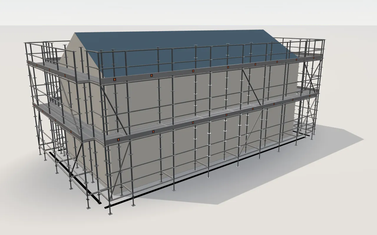 Disk-lock Type B (China) scaffolding around a house of 11.4 × 5.3 m with a gabled roof (eaves 4.5 m, ridge 6 m), drawn by the ScaFix 3D model