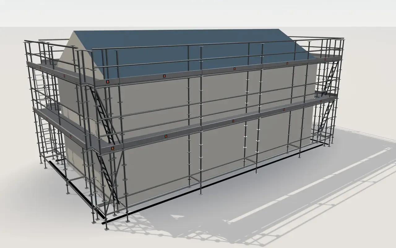 Doka Ringlock scaffolding around a house of 11.4 × 5.3 m with a gabled roof (eaves 4.5 m, ridge 6 m), in the ScaFix 3D model