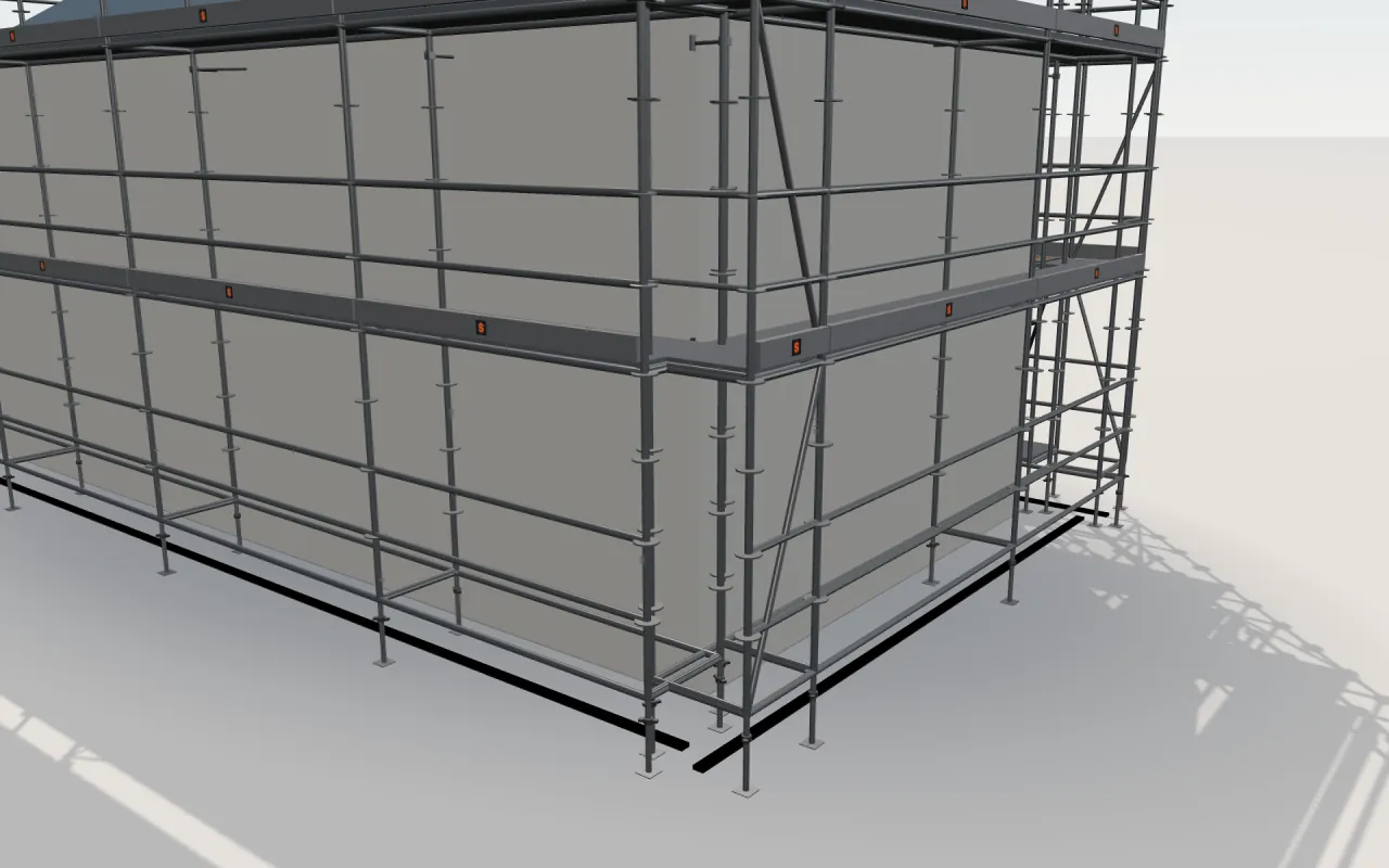 Close-up of the corner where the long wall and the gable wall meet, with Doka Ringlock standards, decks, guardrails and toe boards in the ScaFix 3D model