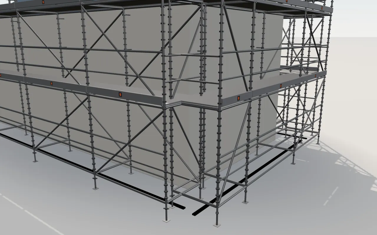 Close-up of the corner where the long wall and the gable wall meet, with Excel Modular Scaffold standards, decks, guardrails and toe boards in the ScaFix 3D model
