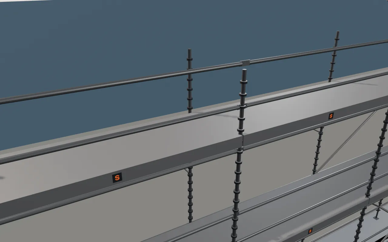 Close-up of the top Excel Modular Scaffold lift below the eaves, with guardrails and toe boards, in the ScaFix 3D model