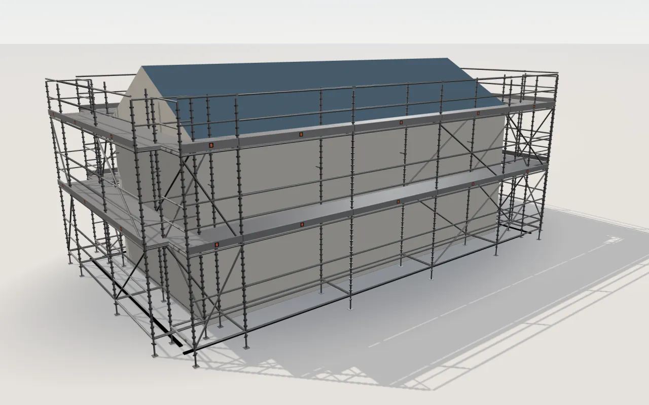 Excel Modular Scaffold scaffolding around a house of 11.4 × 5.3 m with a gabled roof (eaves 4.5 m, ridge 6 m), drawn by the ScaFix 3D model